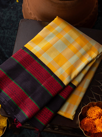 Yellow Kanchipuram Silk Saree With Different Colored Checks In The Body