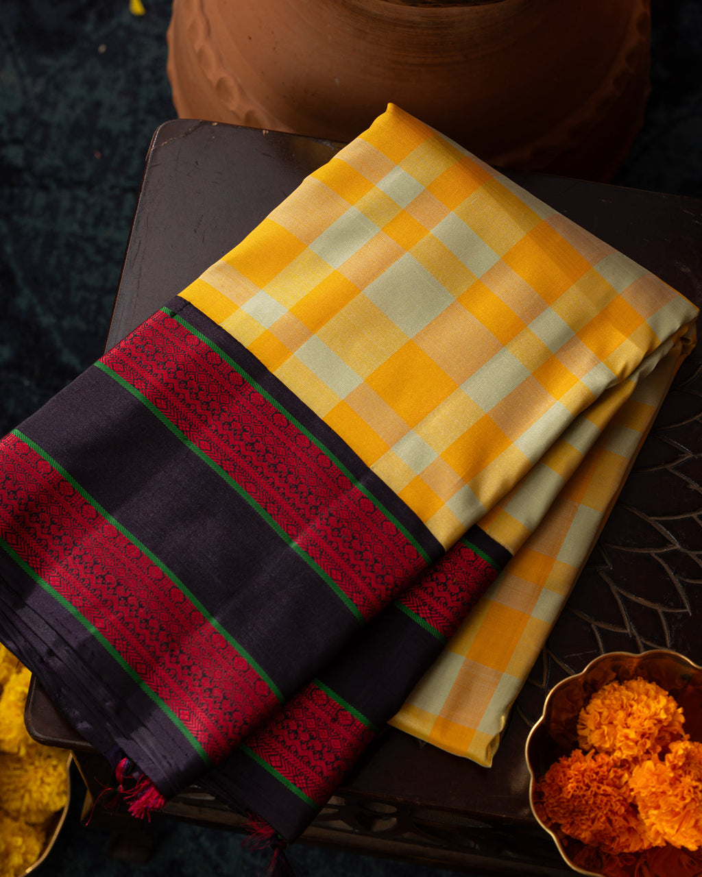 Yellow Kanchipuram Silk Saree With Different Colored Checks In The Body