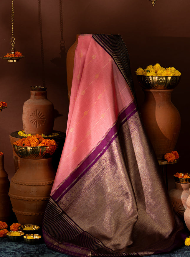 Peach Pink & Purple Kanchipuram Silk Saree With Zari Weaves In Contrast Pallu