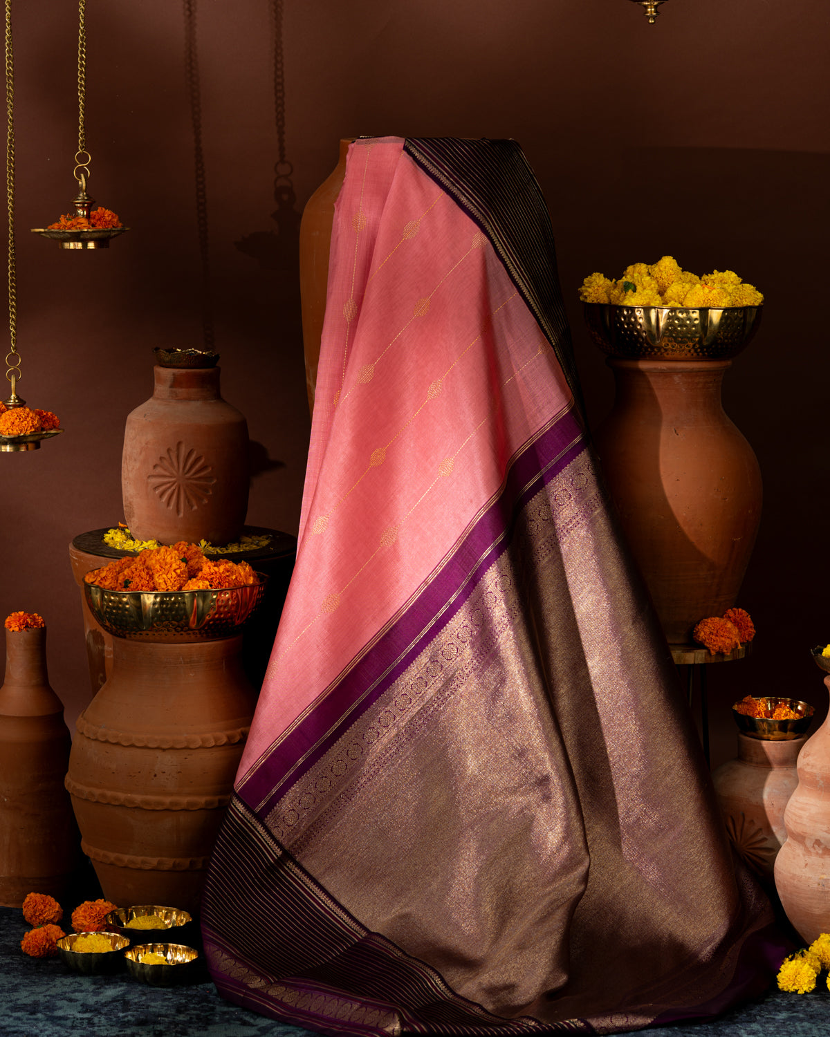 Peach Pink & Purple Kanchipuram Silk Saree With Zari Weaves In Contrast Pallu