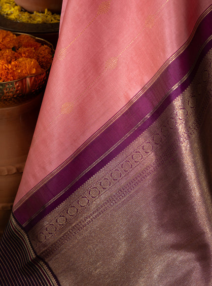 Peach Pink & Purple Kanchipuram Silk Saree With Zari Weaves In Contrast Pallu