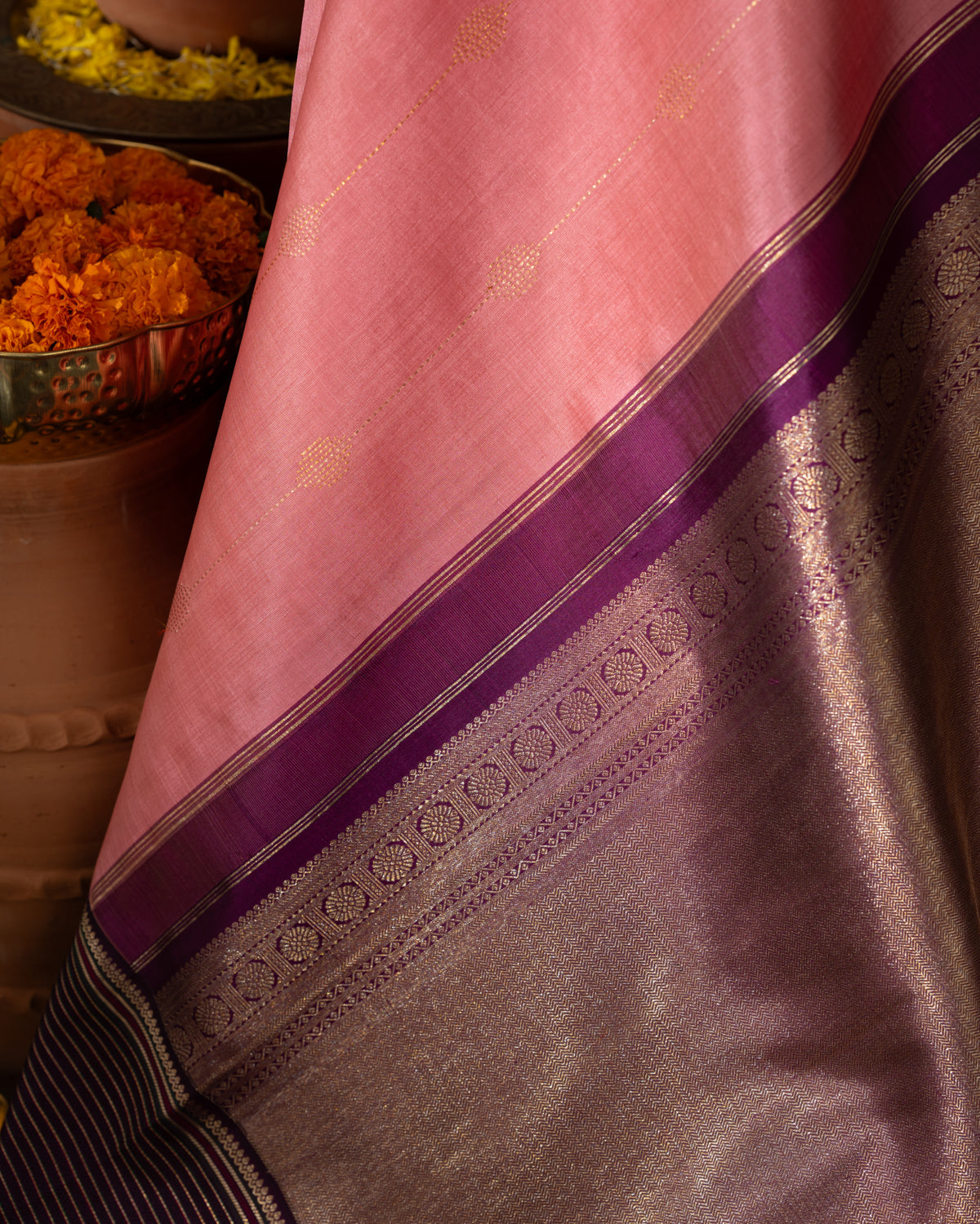 Peach Pink & Purple Kanchipuram Silk Saree With Zari Weaves In Contrast Pallu