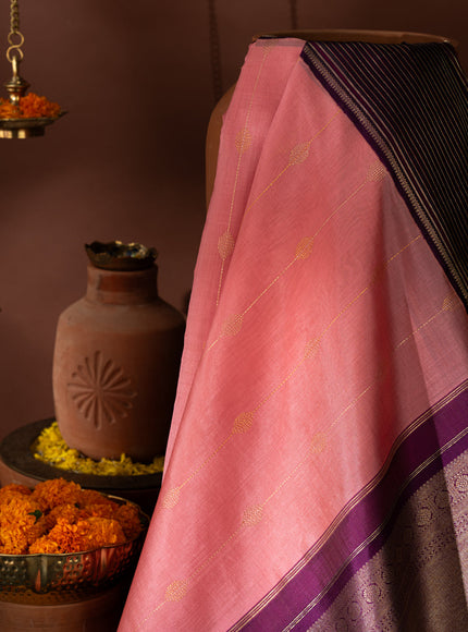 Peach Pink & Purple Kanchipuram Silk Saree With Zari Weaves In Contrast Pallu