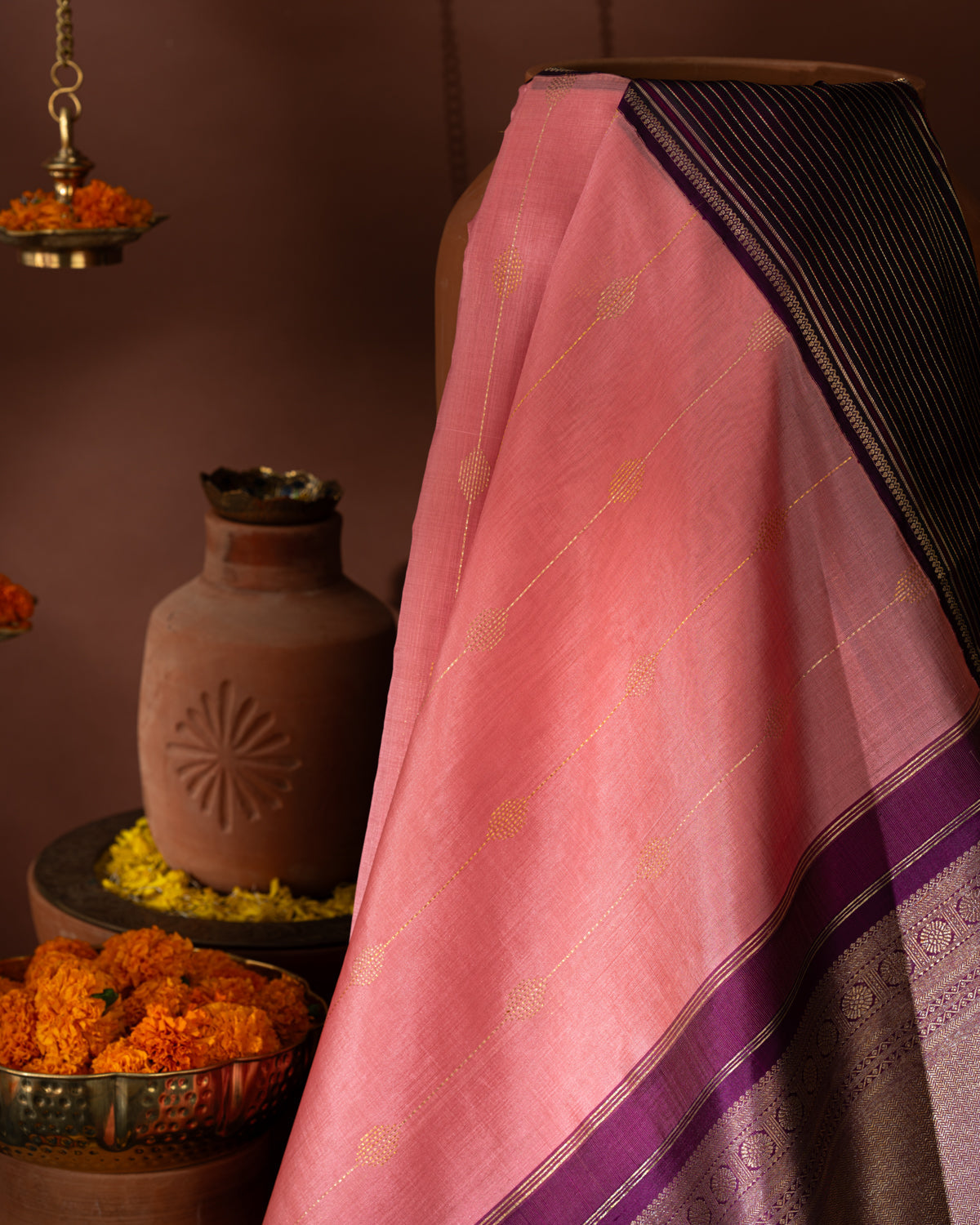 Peach Pink & Purple Kanchipuram Silk Saree With Zari Weaves In Contrast Pallu