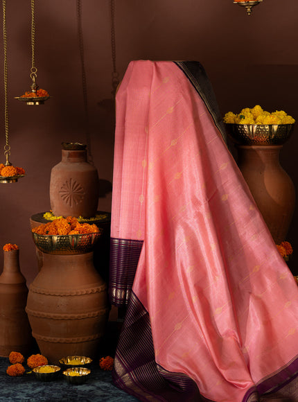 Peach Pink & Purple Kanchipuram Silk Saree With Zari Weaves In Contrast Pallu
