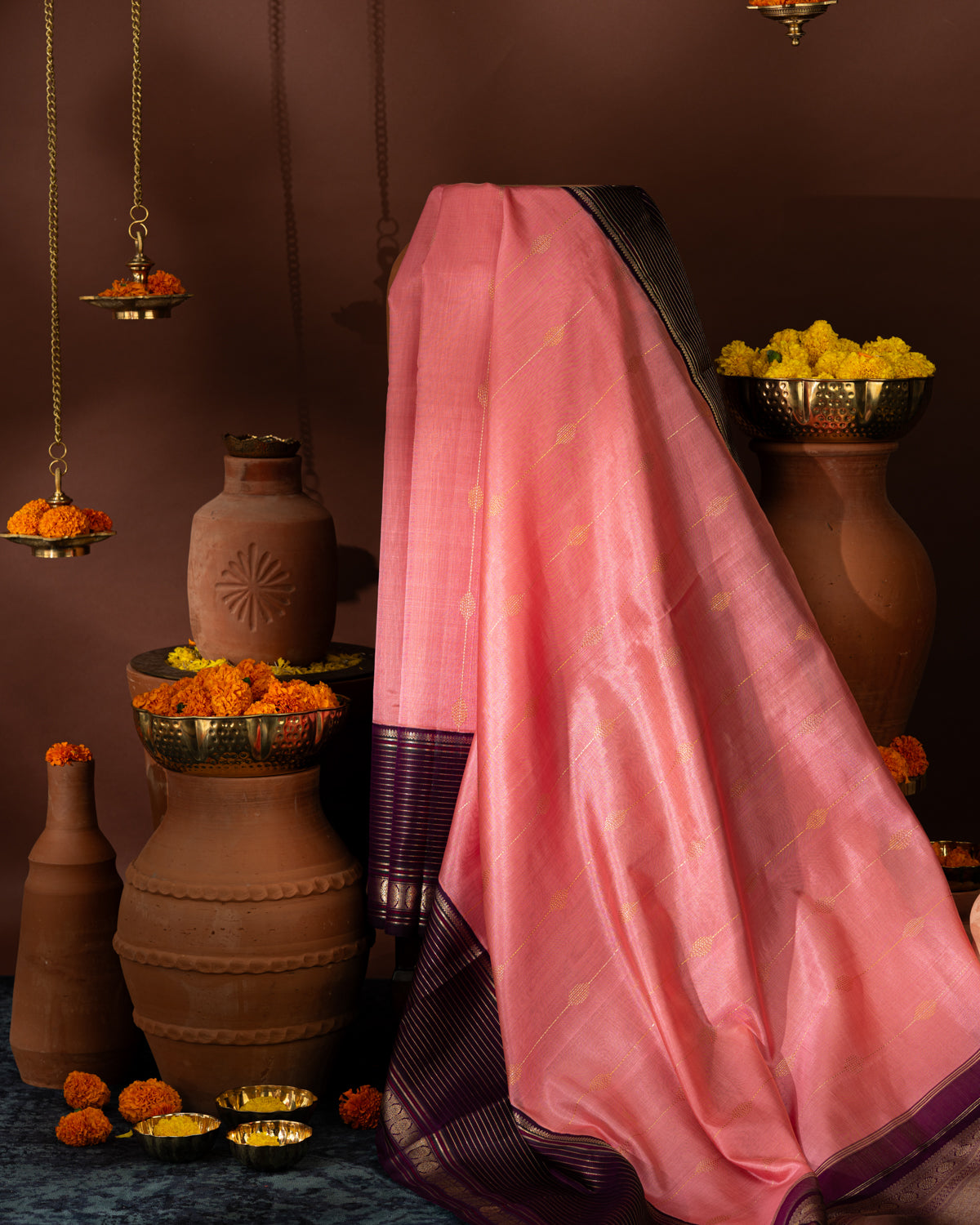 Peach Pink & Purple Kanchipuram Silk Saree With Zari Weaves In Contrast Pallu