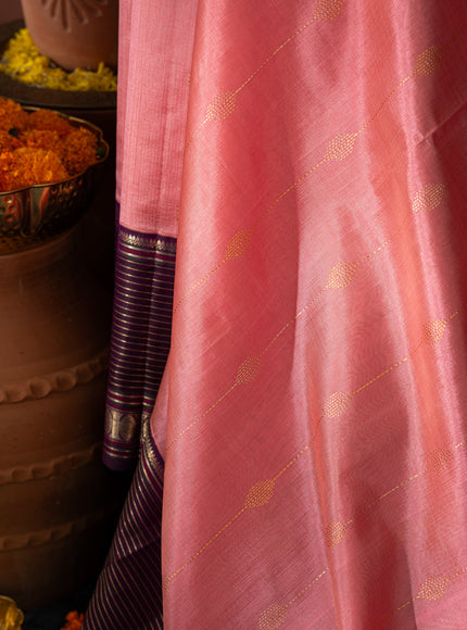 Peach Pink & Purple Kanchipuram Silk Saree With Zari Weaves In Contrast Pallu