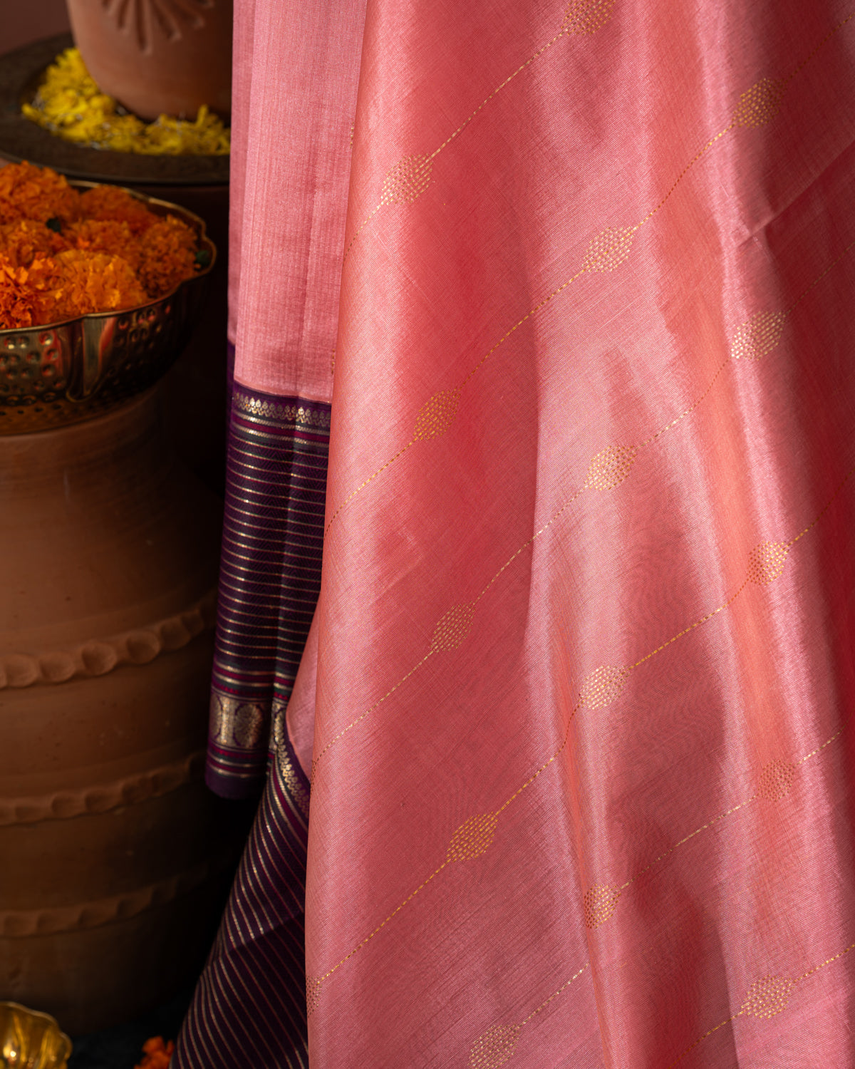 Peach Pink & Purple Kanchipuram Silk Saree With Zari Weaves In Contrast Pallu