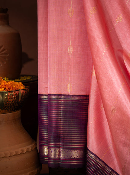 Peach Pink & Purple Kanchipuram Silk Saree With Zari Weaves In Contrast Pallu