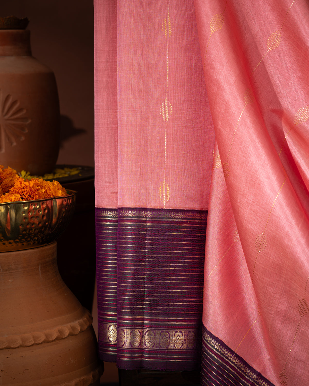 Peach Pink & Purple Kanchipuram Silk Saree With Zari Weaves In Contrast Pallu