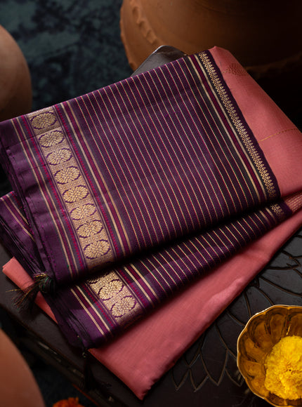 Peach Pink & Purple Kanchipuram Silk Saree With Zari Weaves In Contrast Pallu