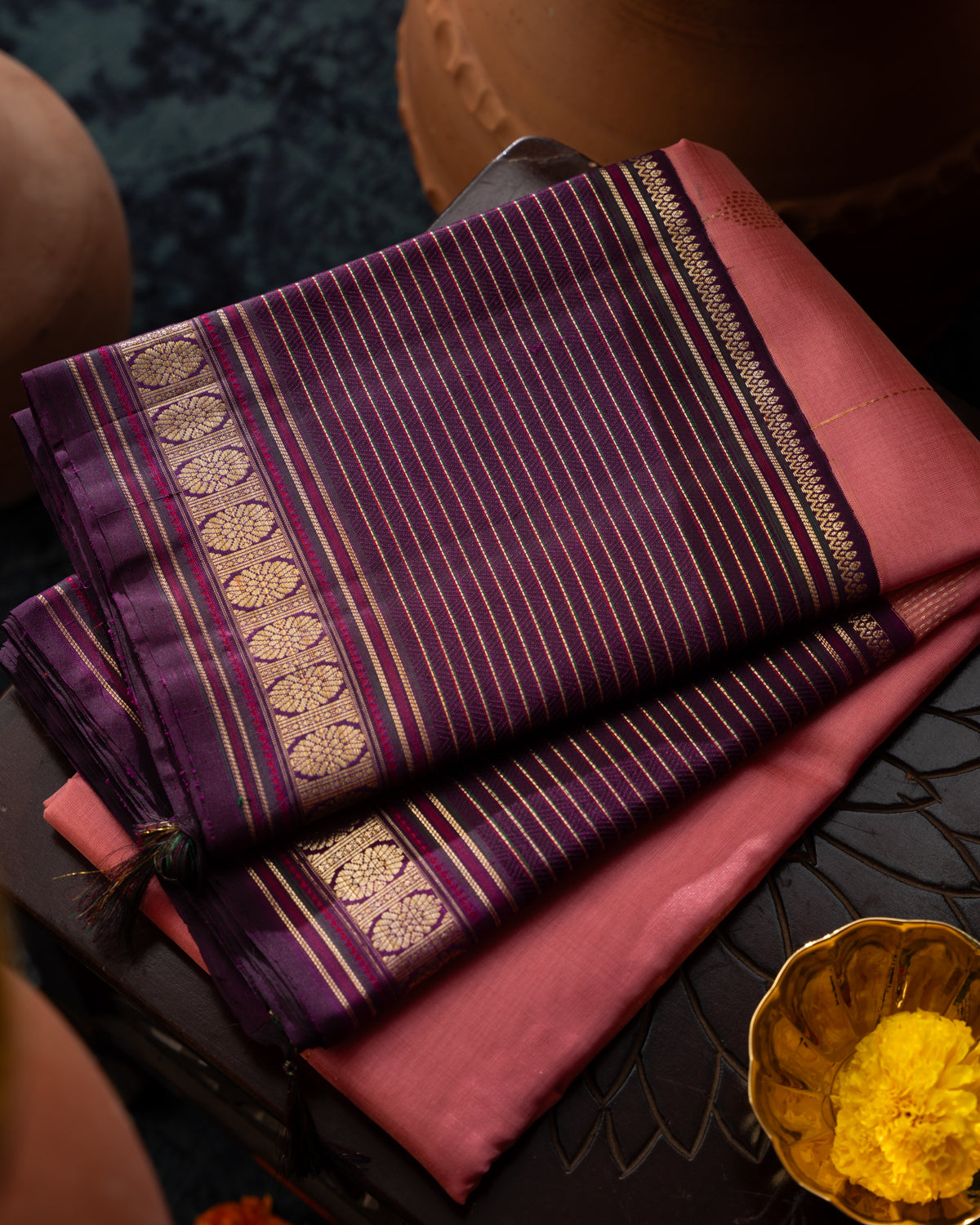Peach Pink & Purple Kanchipuram Silk Saree With Zari Weaves In Contrast Pallu