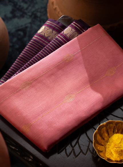 Peach Pink & Purple Kanchipuram Silk Saree With Zari Weaves In Contrast Pallu