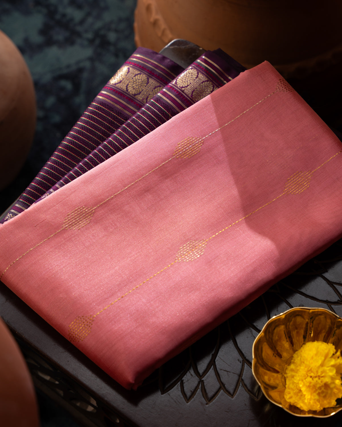 Peach Pink & Purple Kanchipuram Silk Saree With Zari Weaves In Contrast Pallu