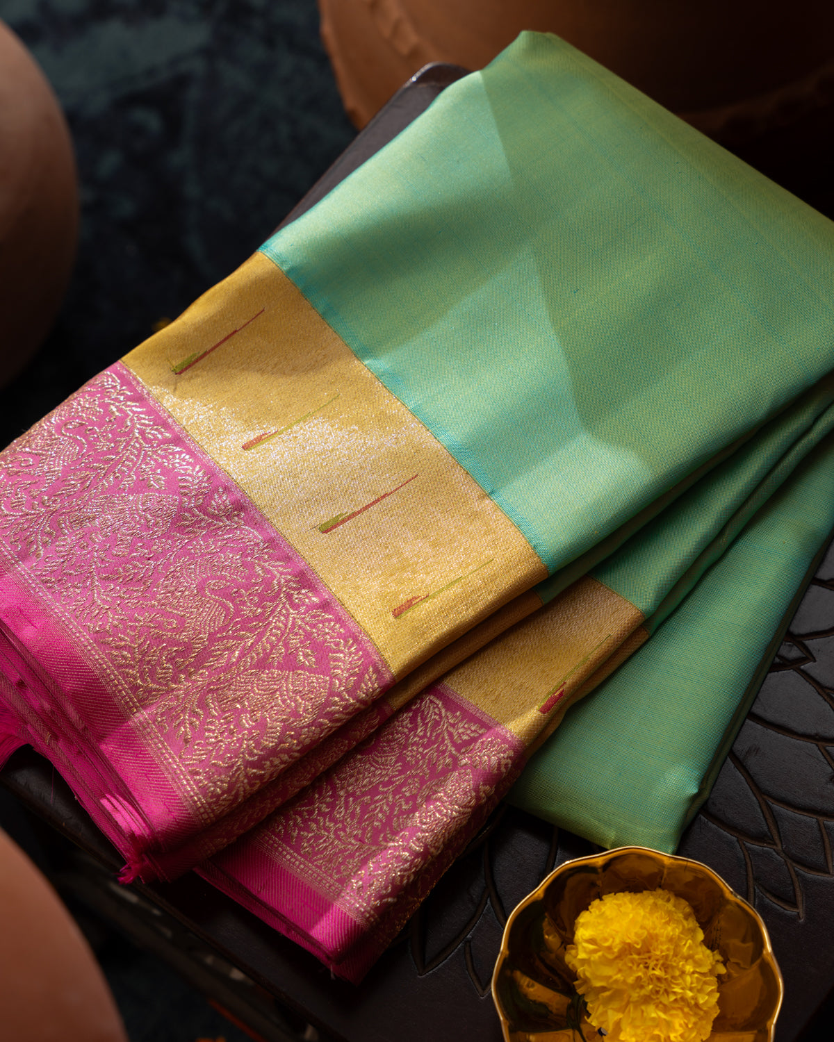 Dual Tone Teal Kanchipuram Silk Saree With Double Colour Rich Muniya Butta Border