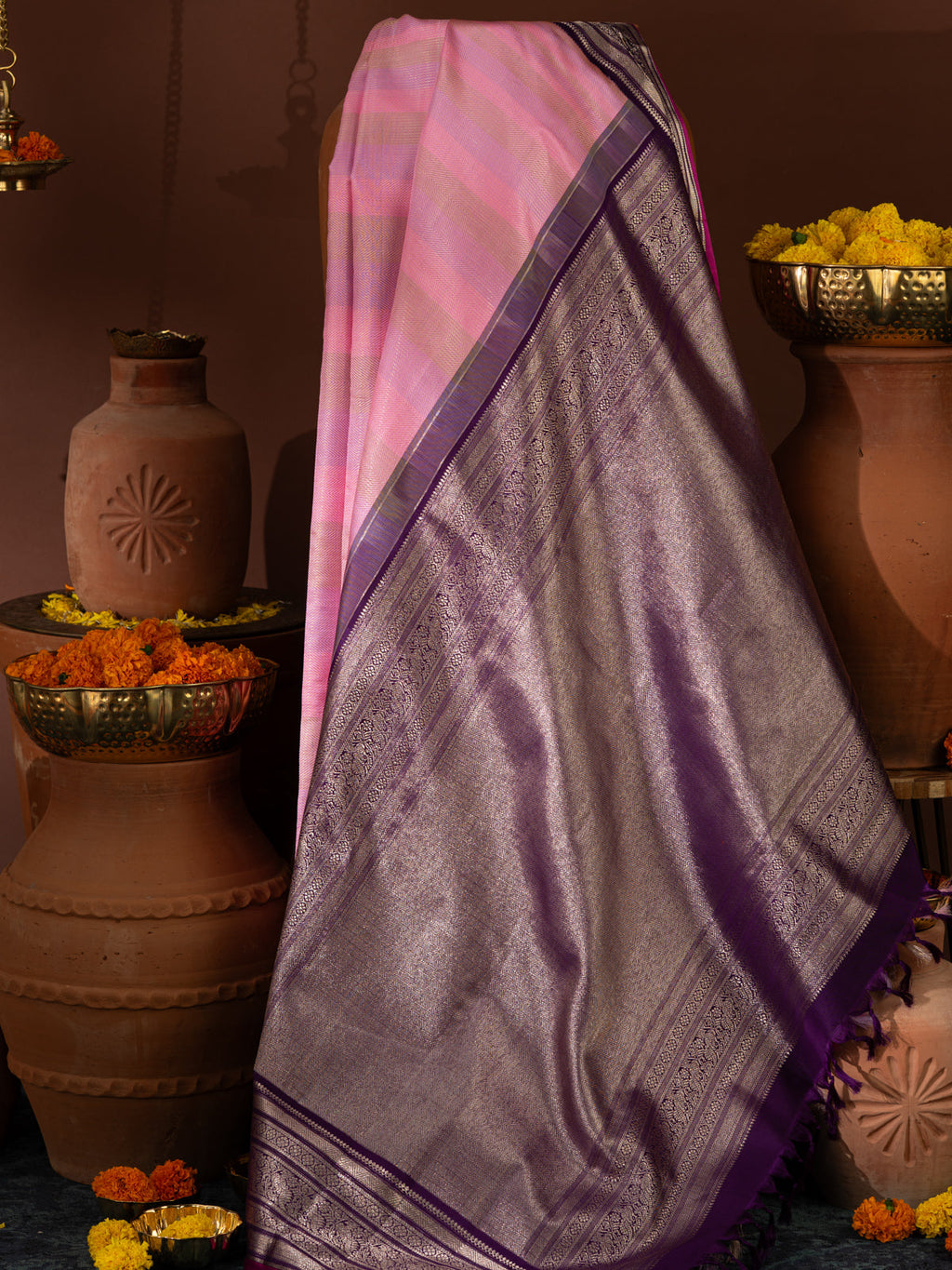 Light Pink Kanchipuram Silk Saree With Multi Colour Blending Stripes