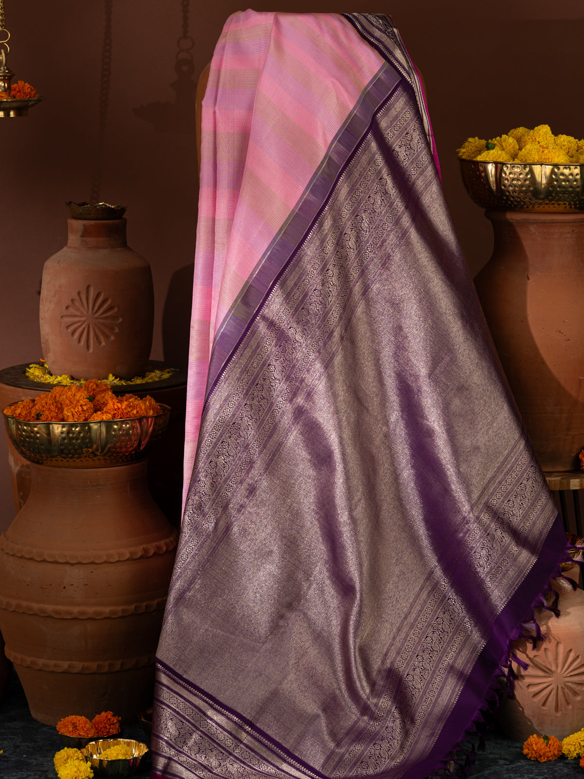 Light Pink Kanchipuram Silk Saree With Multi Colour Blending Stripes