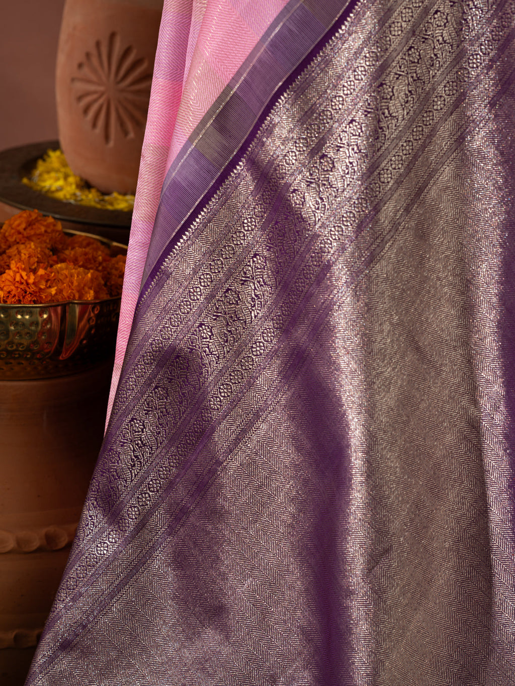 Light Pink Kanchipuram Silk Saree With Multi Colour Blending Stripes