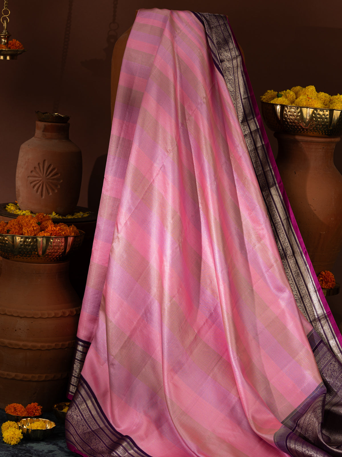 Light Pink Kanchipuram Silk Saree With Multi Colour Blending Stripes
