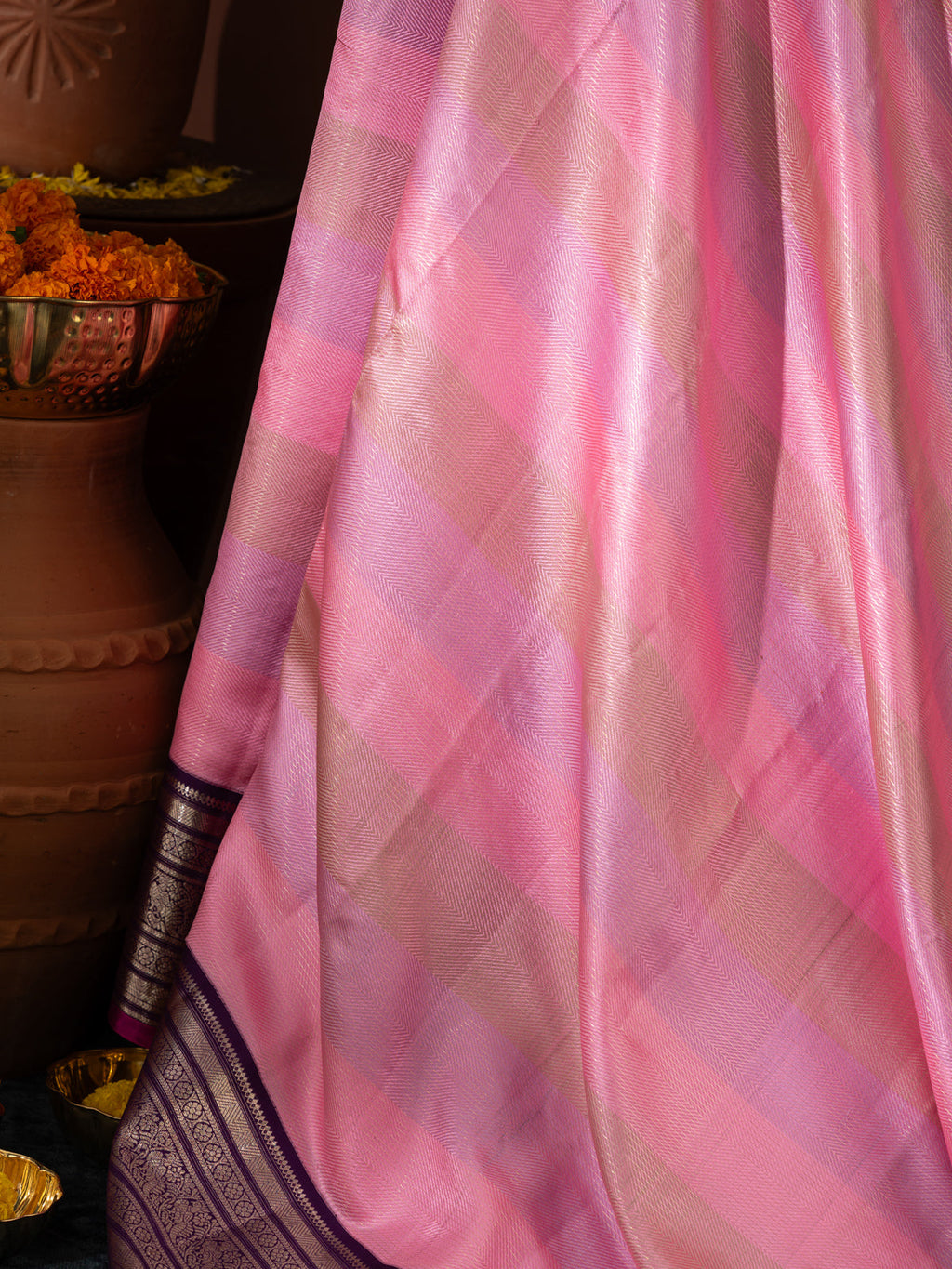 Light Pink Kanchipuram Silk Saree With Multi Colour Blending Stripes