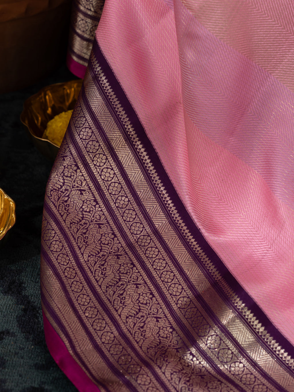 Light Pink Kanchipuram Silk Saree With Multi Colour Blending Stripes