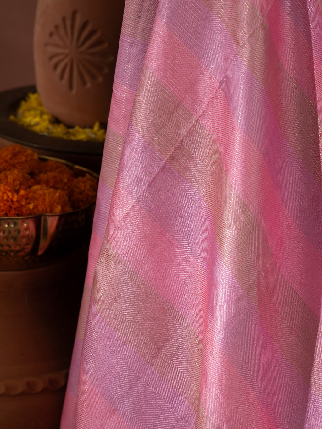 Light Pink Kanchipuram Silk Saree With Multi Colour Blending Stripes