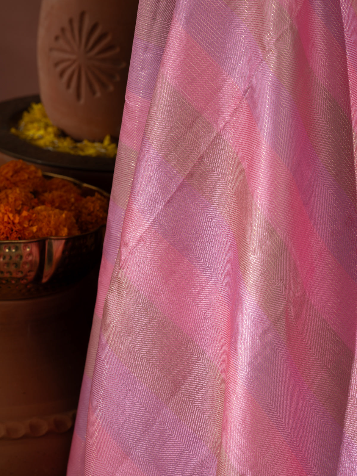 Light Pink Kanchipuram Silk Saree With Multi Colour Blending Stripes