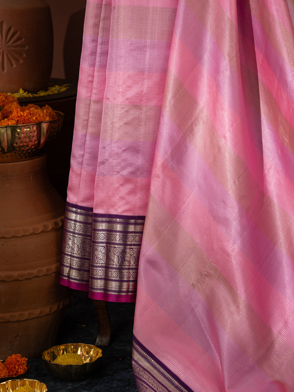 Light Pink Kanchipuram Silk Saree With Multi Colour Blending Stripes