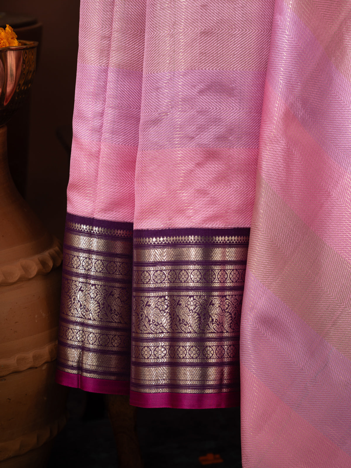 Light Pink Kanchipuram Silk Saree With Multi Colour Blending Stripes