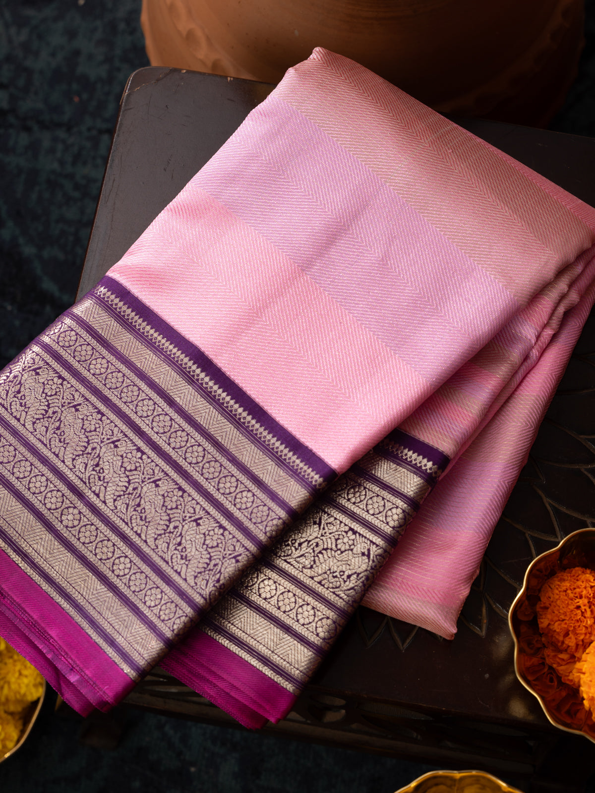Light Pink Kanchipuram Silk Saree With Multi Colour Blending Stripes