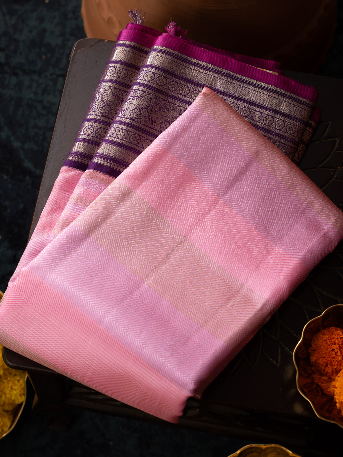 Light Pink Kanchipuram Silk Saree With Multi Colour Blending Stripes