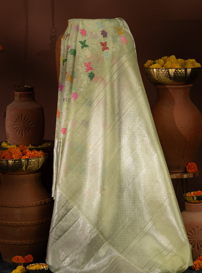 Pastel Green Kanchipuram Kora Silk With Minakari Jaal Weaves