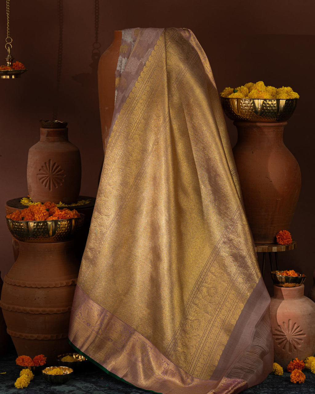 Pastel Pink Kanchipuram Silk Saree With Silver & Gold Zari Weaves