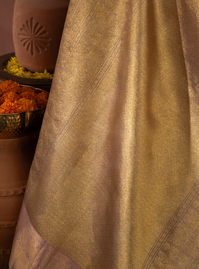 Pastel Pink Kanchipuram Silk Saree With Silver & Gold Zari Weaves