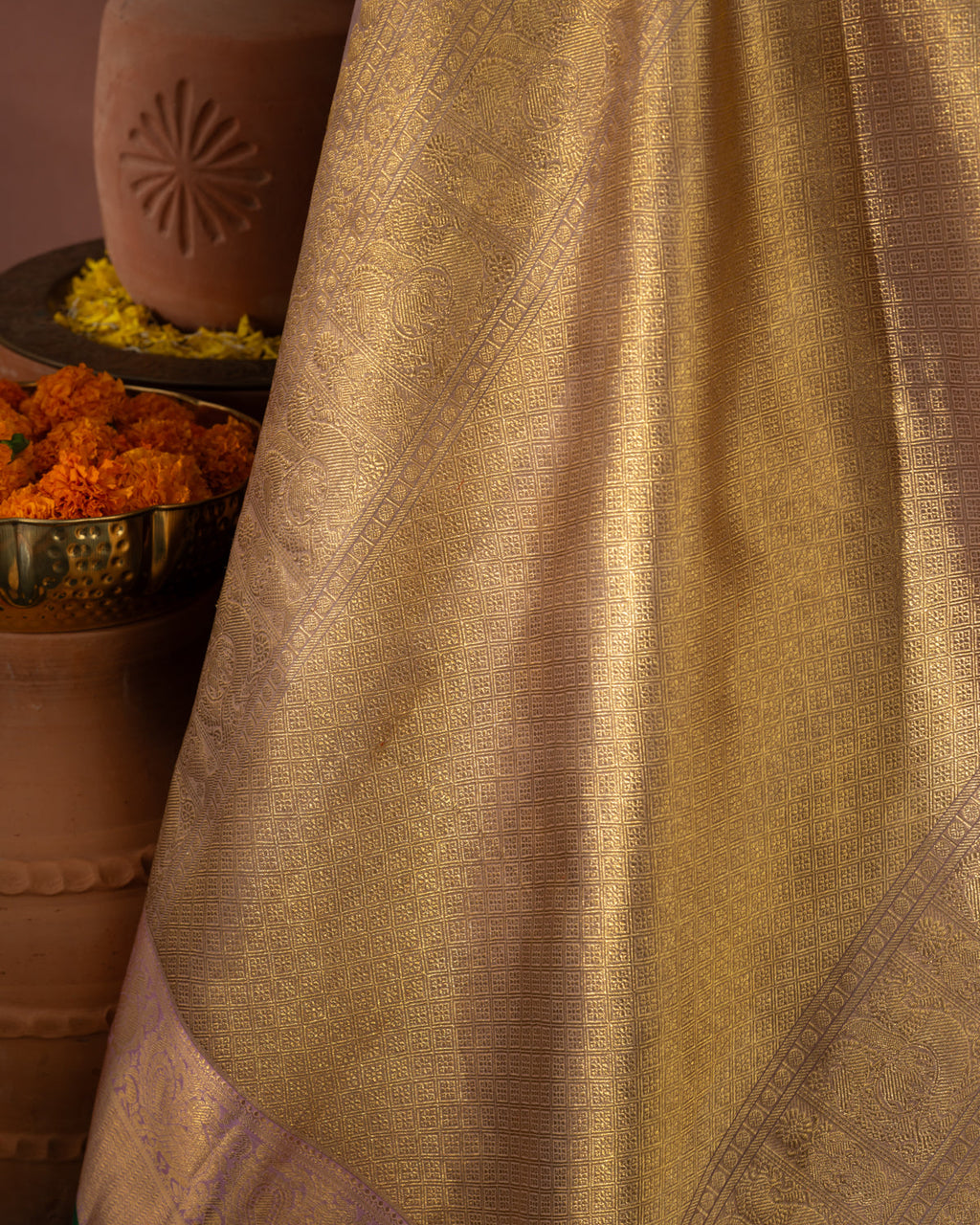 Pastel Pink Kanchipuram Silk Saree With Silver & Gold Zari Weaves