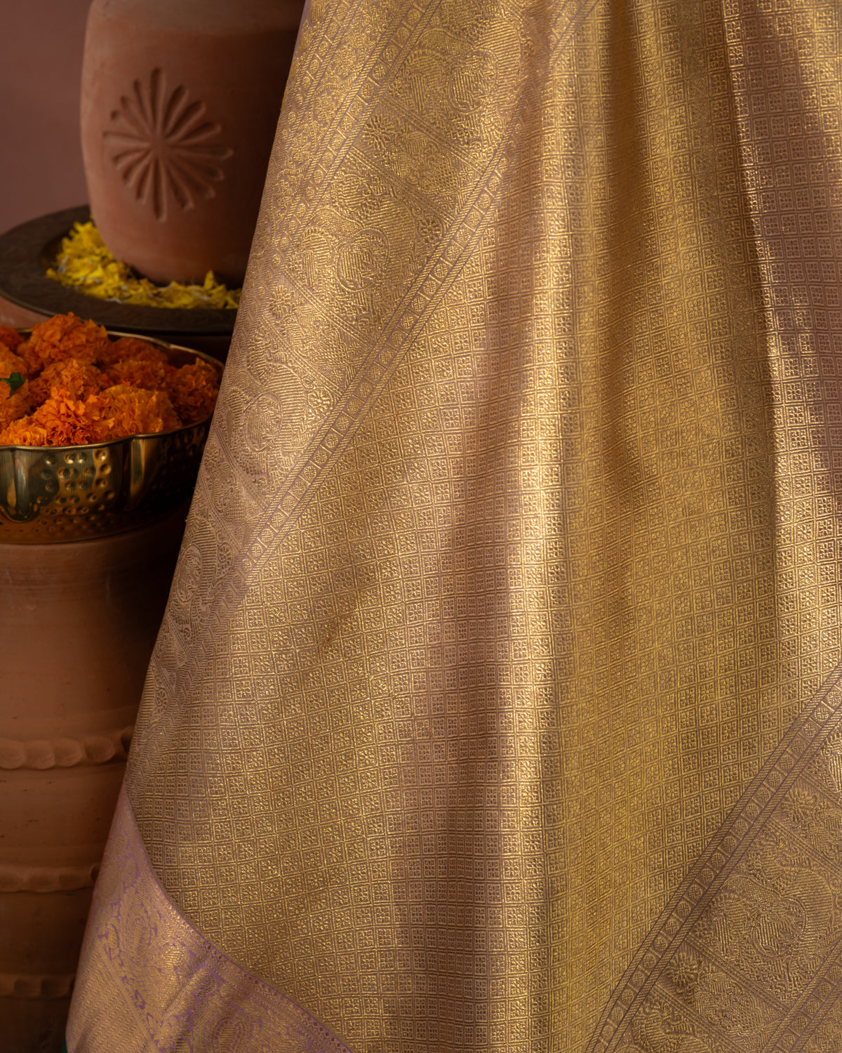 Pastel Pink Kanchipuram Silk Saree With Silver & Gold Zari Weaves