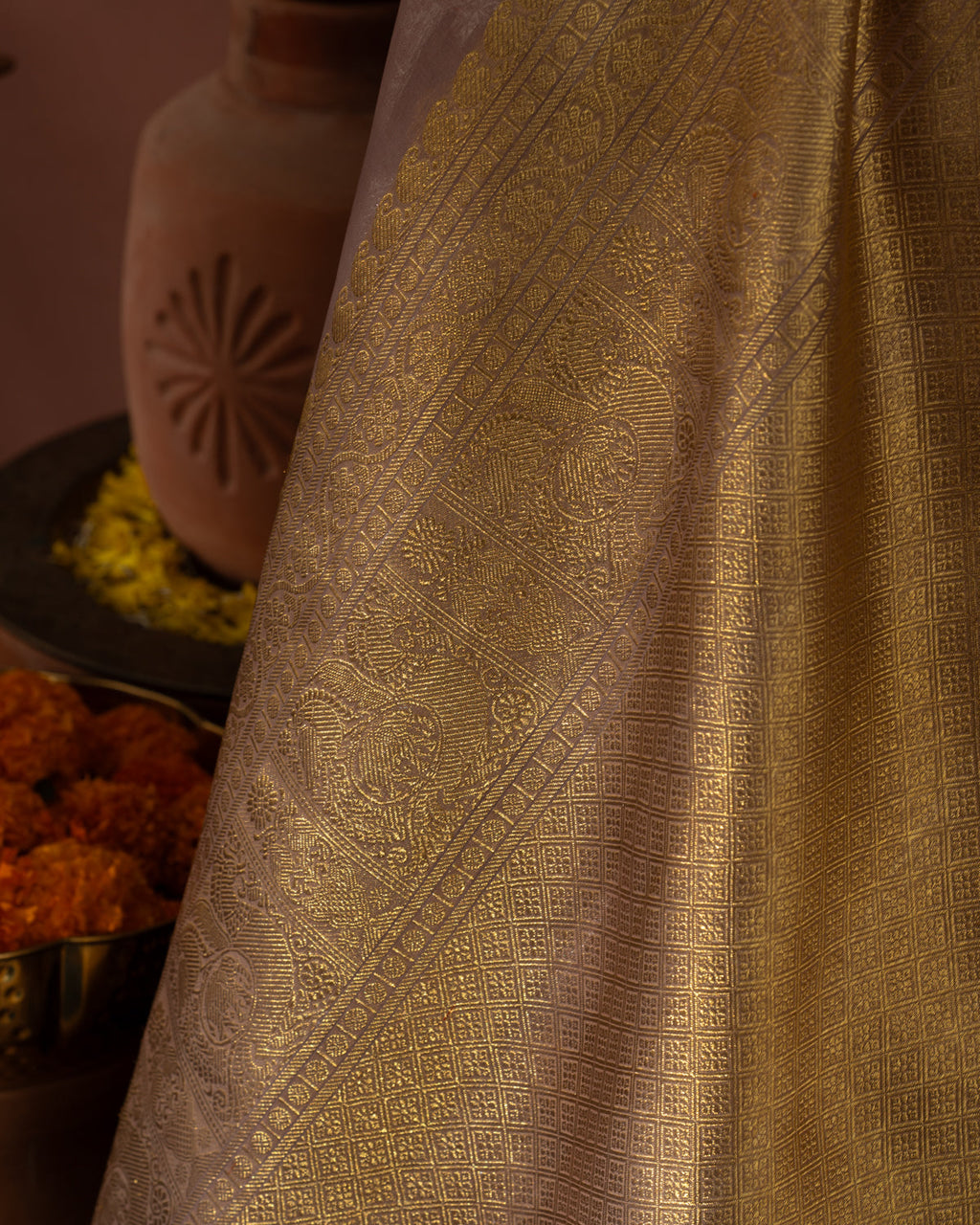 Pastel Pink Kanchipuram Silk Saree With Silver & Gold Zari Weaves