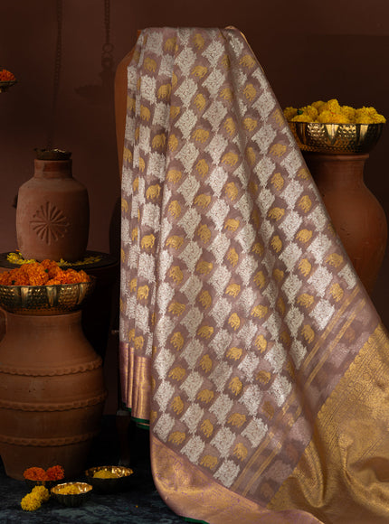 Pastel Pink Kanchipuram Silk Saree With Silver & Gold Zari Weaves