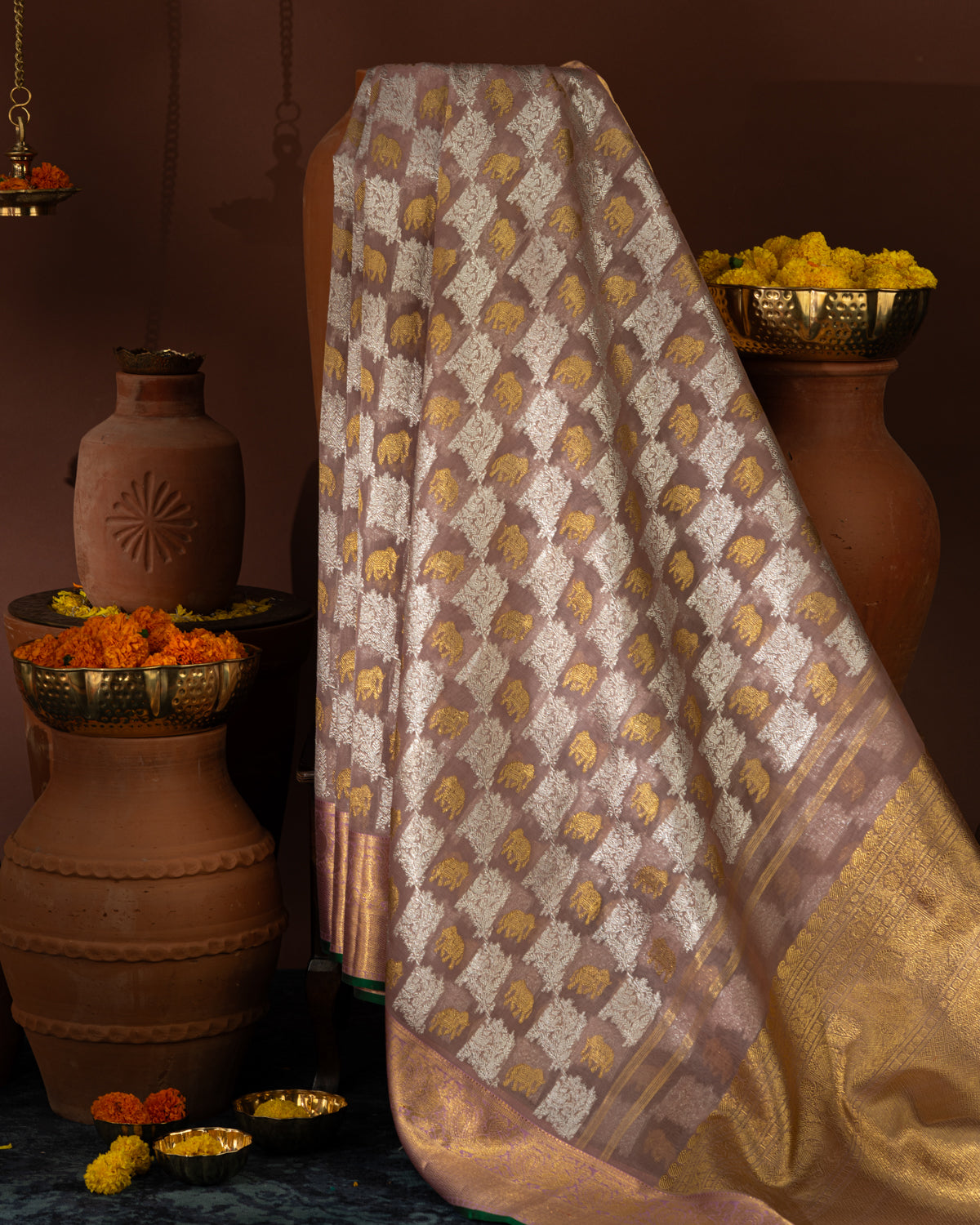 Pastel Pink Kanchipuram Silk Saree With Silver & Gold Zari Weaves