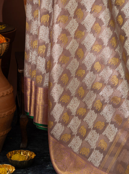 Pastel Pink Kanchipuram Silk Saree With Silver & Gold Zari Weaves