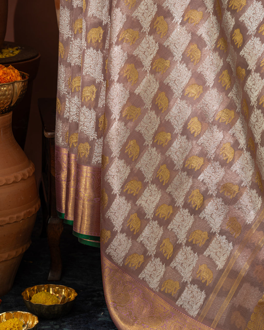 Pastel Pink Kanchipuram Silk Saree With Silver & Gold Zari Weaves