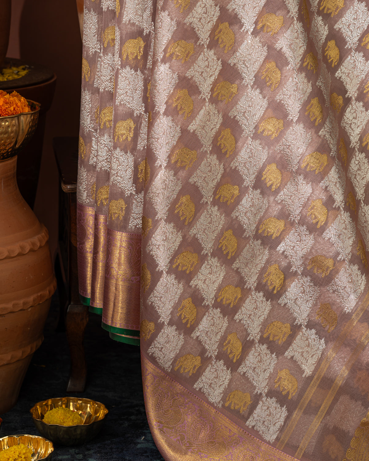 Pastel Pink Kanchipuram Silk Saree With Silver & Gold Zari Weaves
