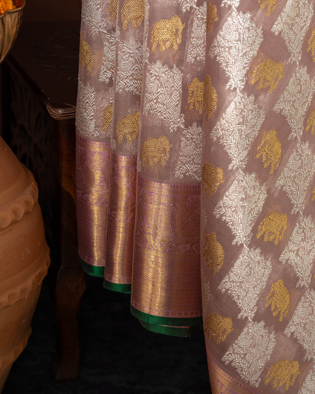 Pastel Pink Kanchipuram Silk Saree With Silver & Gold Zari Weaves