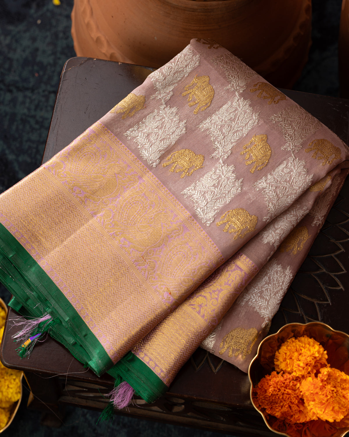 Pastel Pink Kanchipuram Silk Saree With Silver & Gold Zari Weaves