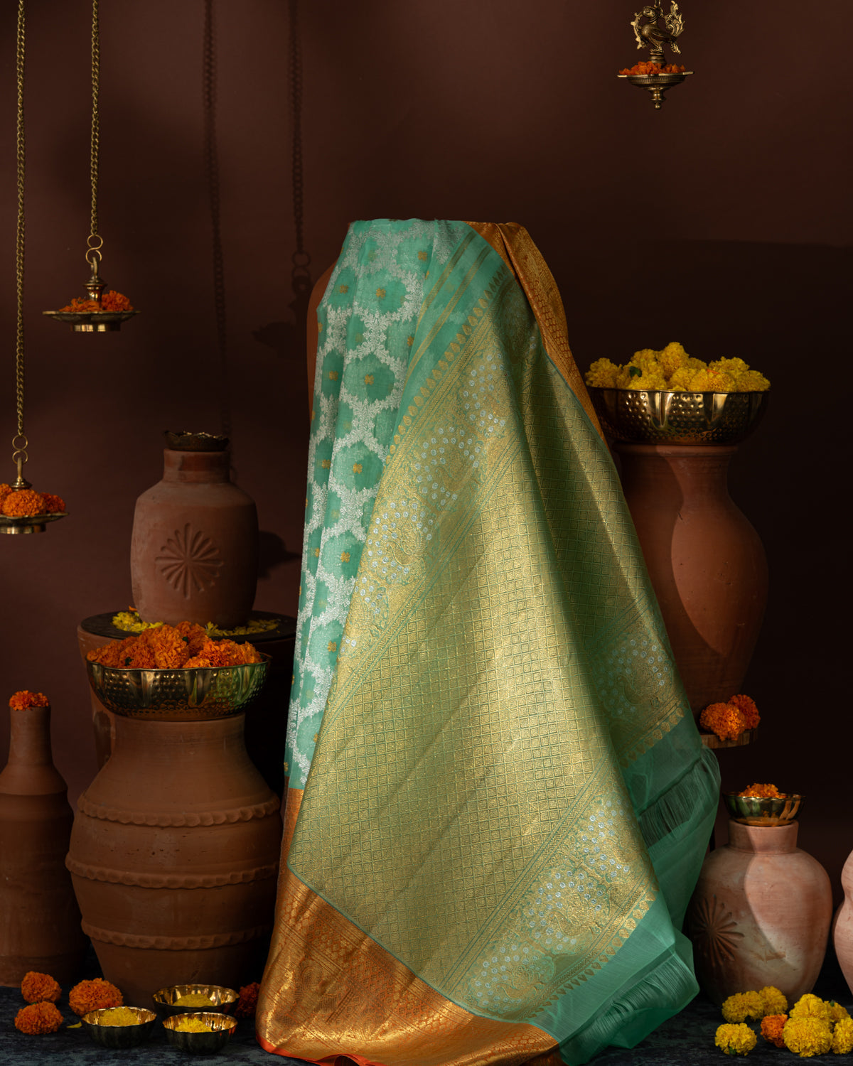 Teal Blue Kanchippuram Kora With Silver Zari Weaving