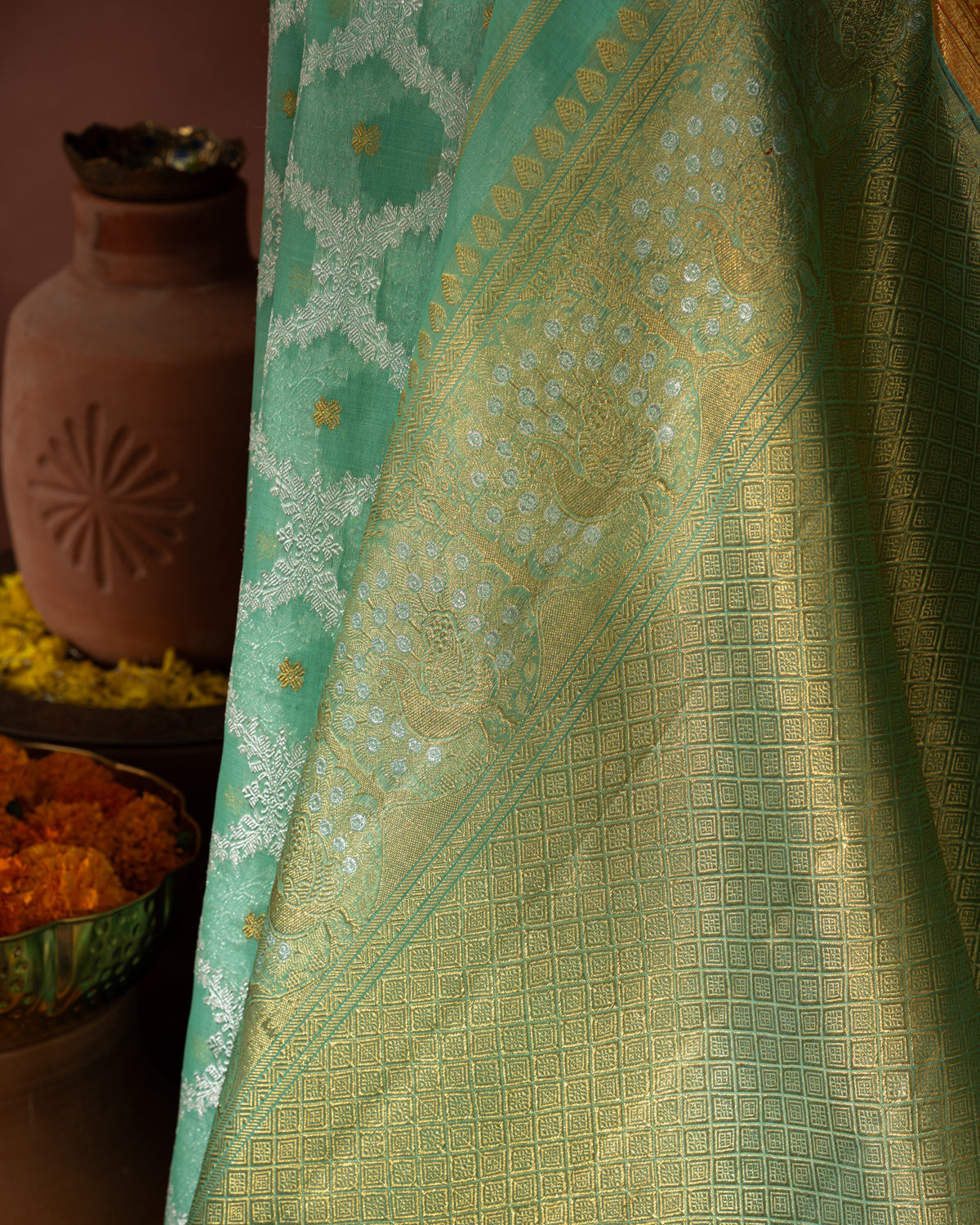 Teal Blue Kanchippuram Kora With Silver Zari Weaving