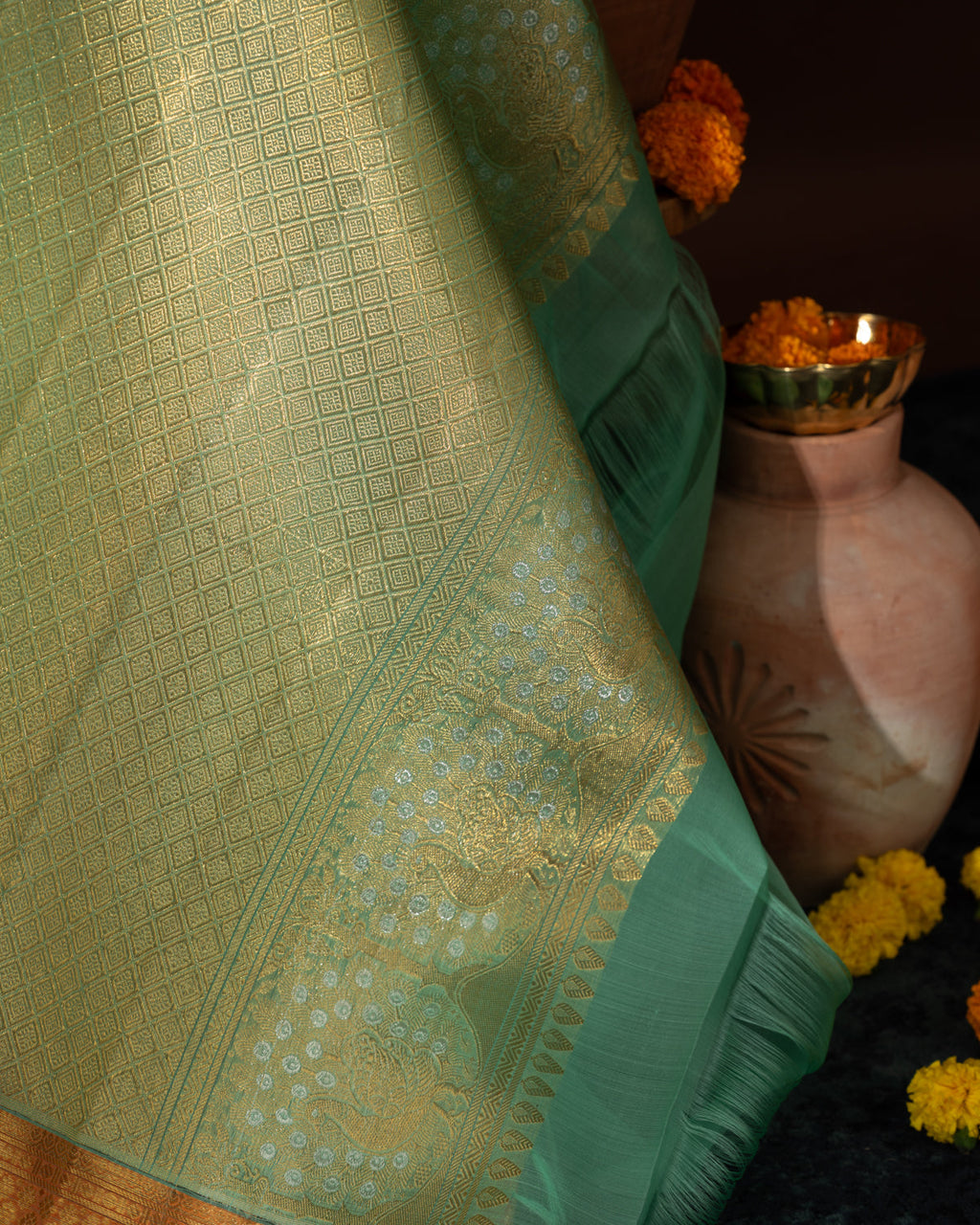 Teal Blue Kanchippuram Kora With Silver Zari Weaving