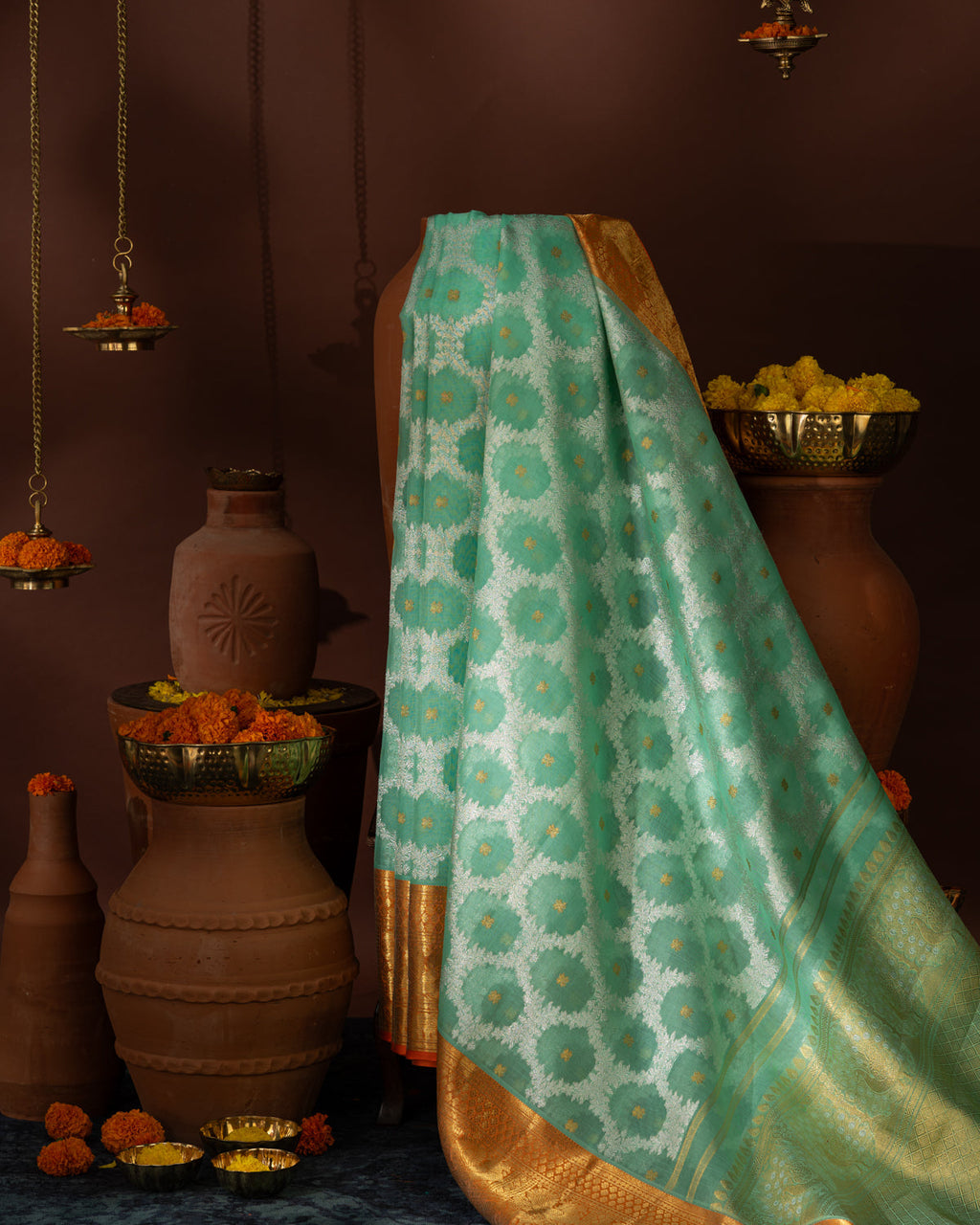 Teal Blue Kanchippuram Kora With Silver Zari Weaving