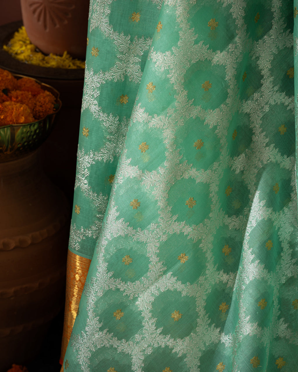 Teal Blue Kanchippuram Kora With Silver Zari Weaving