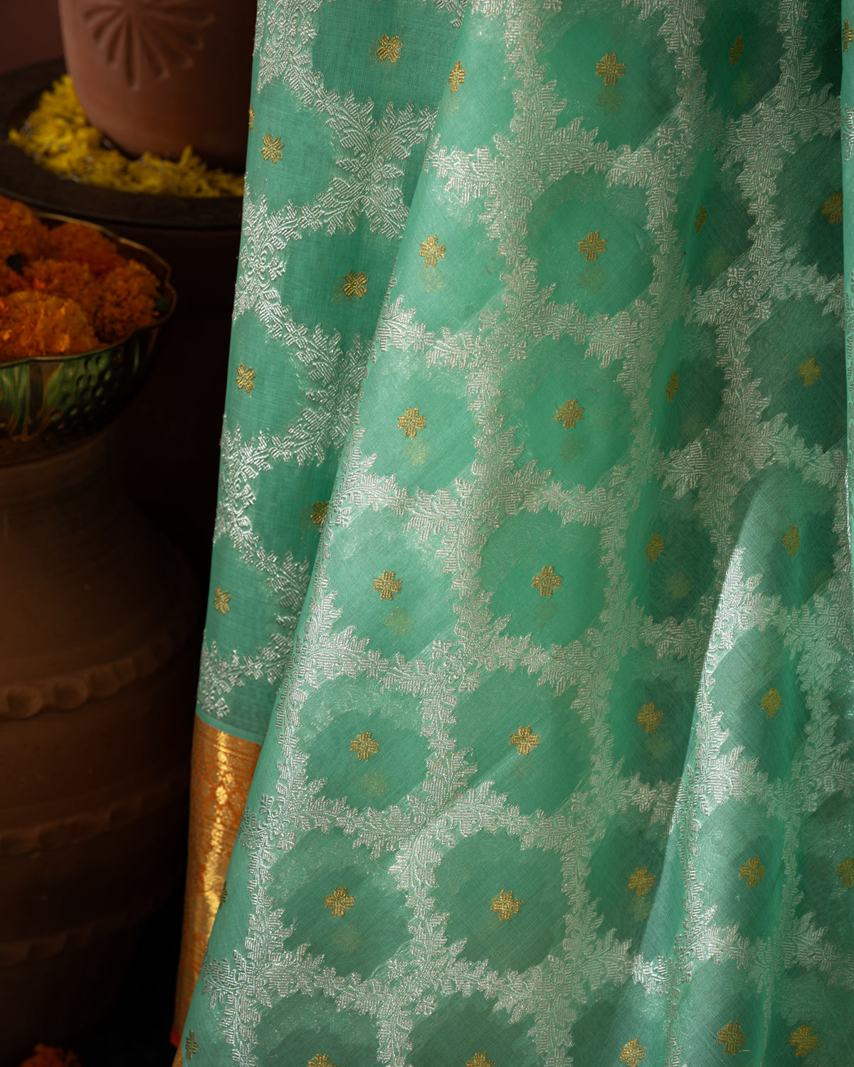 Teal Blue Kanchippuram Kora With Silver Zari Weaving
